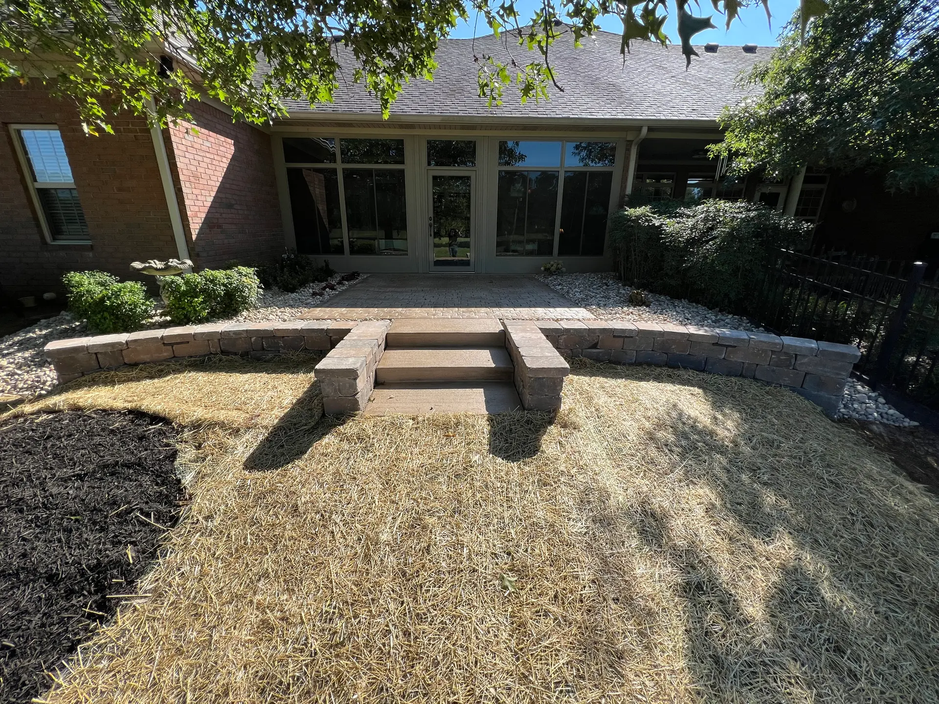 Block patio with stair landing